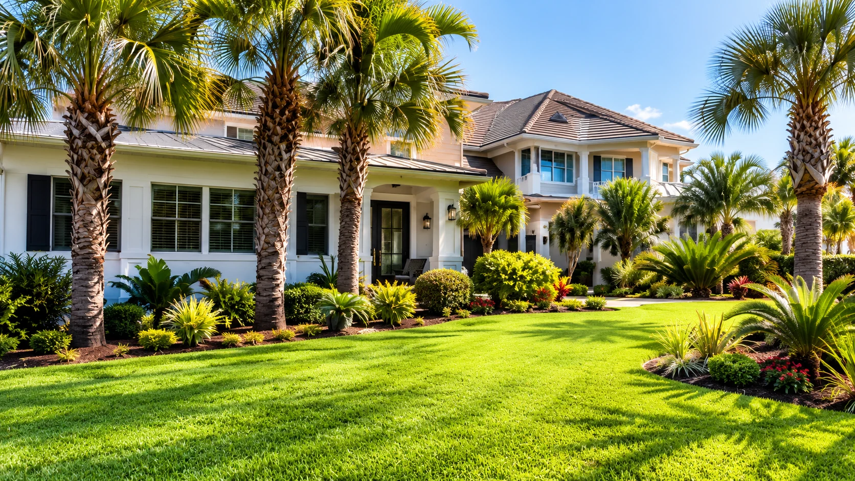 Premium coastal property with manicured lawn and tropical landscaping